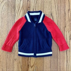 Baby Gap red and navy blue varsity style cotton zip up sweater
